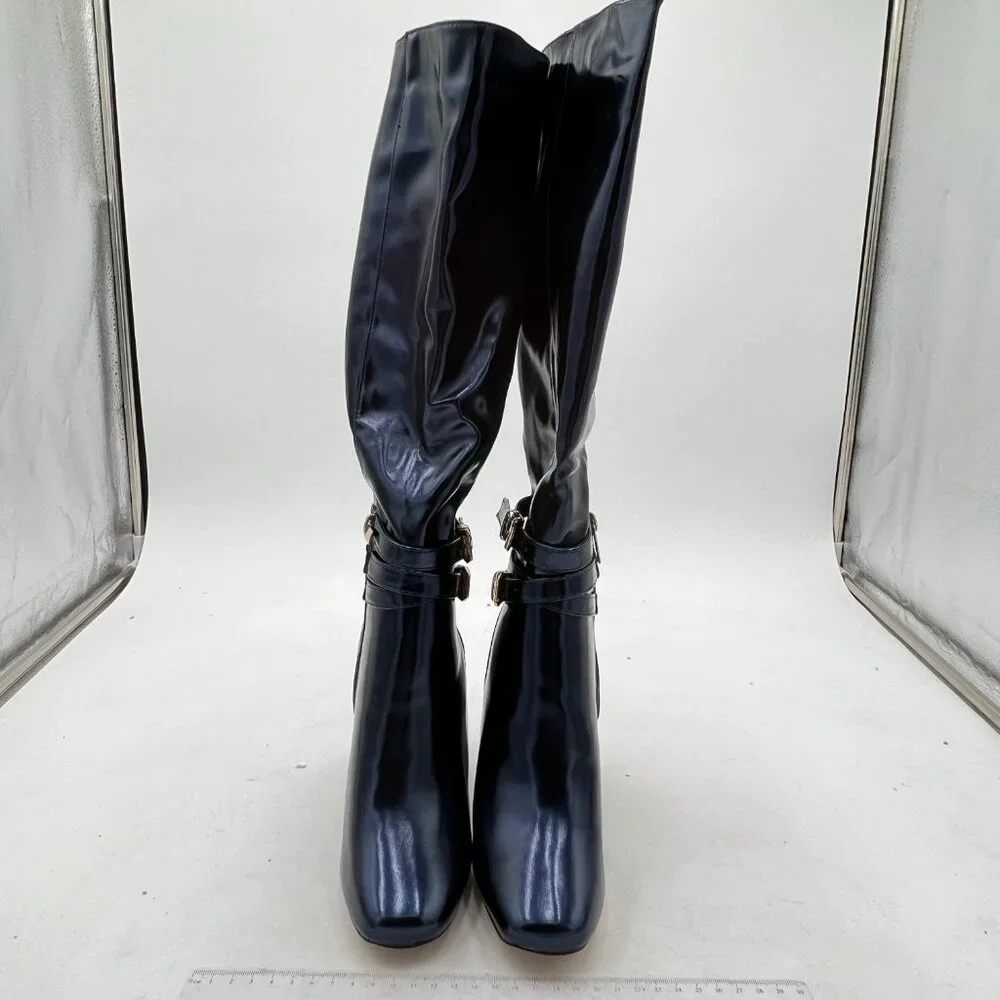 FSJ Dark Blue Knee High Boots Pull On Chunky Mid Heel Side Zipper Shoes - Picture 2 of 8